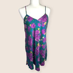 💜 MEDIUM SLIP DRESS SPAGHETTI STRAP V-NECK PLANET 100% SILK FLORAL 90s VTG